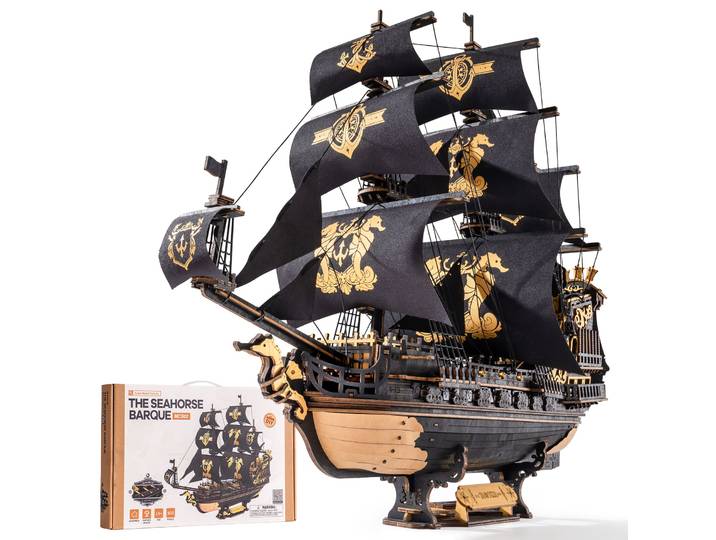 Robotime ROKR The Seahorse Barque, puzzle en bois 3D pré-coloré, navire de guerre de l'époque baroque, cadeaux, décoration pour la maison et le bureau, cadeau pour hommes et garçons