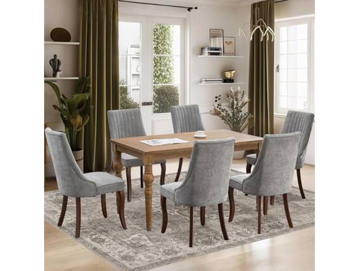 SoarFlash Set aus 6 Esszimmerstühlen, hoher Rücken mit vertikaler Polsterung, abgerundete Vollholzbeine, Elegante Polsterstühle für das Esszimmer, Grau