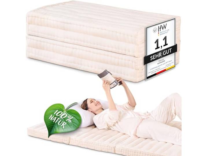 Namasdee Klappmatratze 200x90x8cm mit 100% natürlicher Kapokfüllung (Weiß Uni)