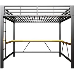 MODFU Hochbett Metall/MDF Schwarz 204x165x180 cm mit Schreibtisch, LED-Beleuchtung und USB-Ladestation