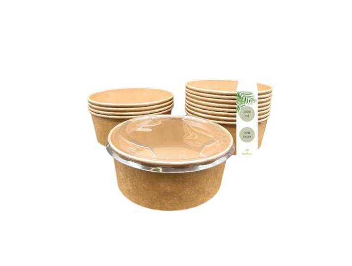 DeinPack 300 Salatschale to go mit Deckel 1300ml braun Recycelbare Schalen, Kraftkarton Verpackung mit Innenbeschichtung, rPET Deckel wiederverwendbar