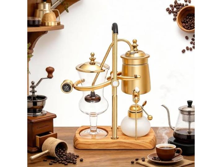 ZephPerton Belgische Kaffeemaschine Mit Siphon-system, Vakuumbrühsystem, Vintage-klassiker, Retro-luxus, Exquisites Design, Eleganter Doppelt Geriffelter Drehpunkt Mit T-griff (klassisches Gold)