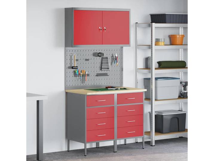 vidaXL Werkbank 5 stk. Rot und Grau Ingenieure Holz und Stahl