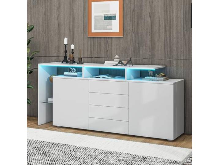 BTM Kommode, Sideboard mit LED, Wohnzimmermöbel in Weiß Hochglanz, Wohnzimmerschrank, Standschrank, TV-Schrank, Wohnzimmerwand, Highboard, Mehrzweckschrank, Buffetschrank Esszimmer