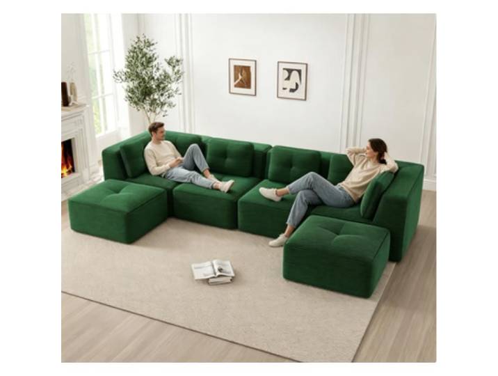 Canapé dAngle Modulaire en Velours Côtelé Vert Design Bloc Minimaliste Canapé Assemblable avec 2 Poufs Style Contemporain pour Salon