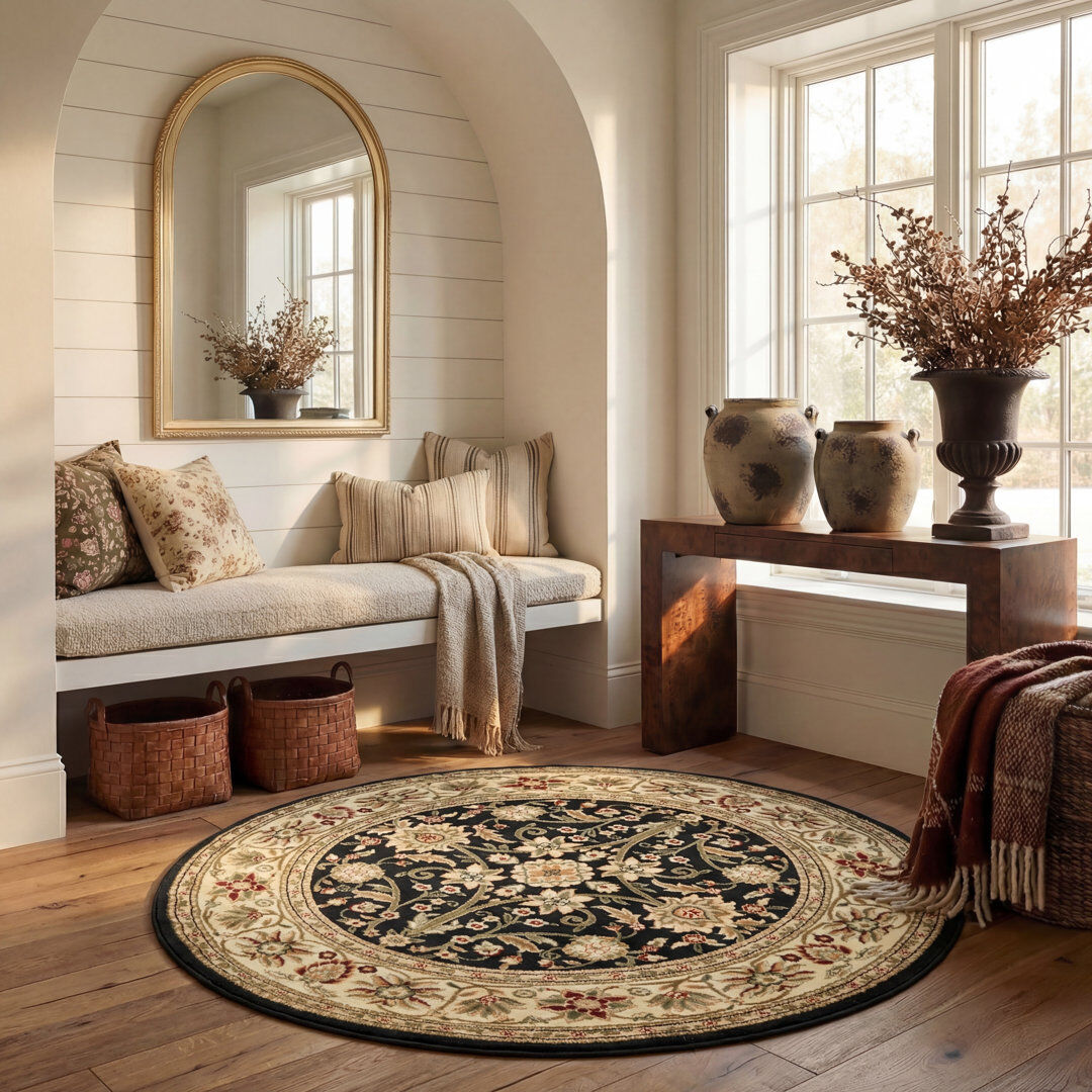 Marlow Home Co. Lyndhurst Oriental Area Rug Black/Ivory Round 160 cm