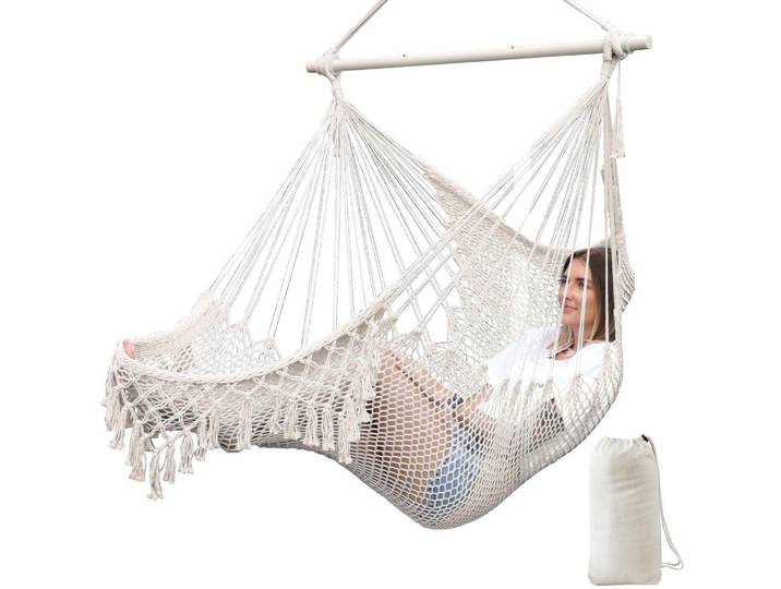 Hängesessel Baumwollseil gewebt 240x80cm Weiß mit Spreizstange