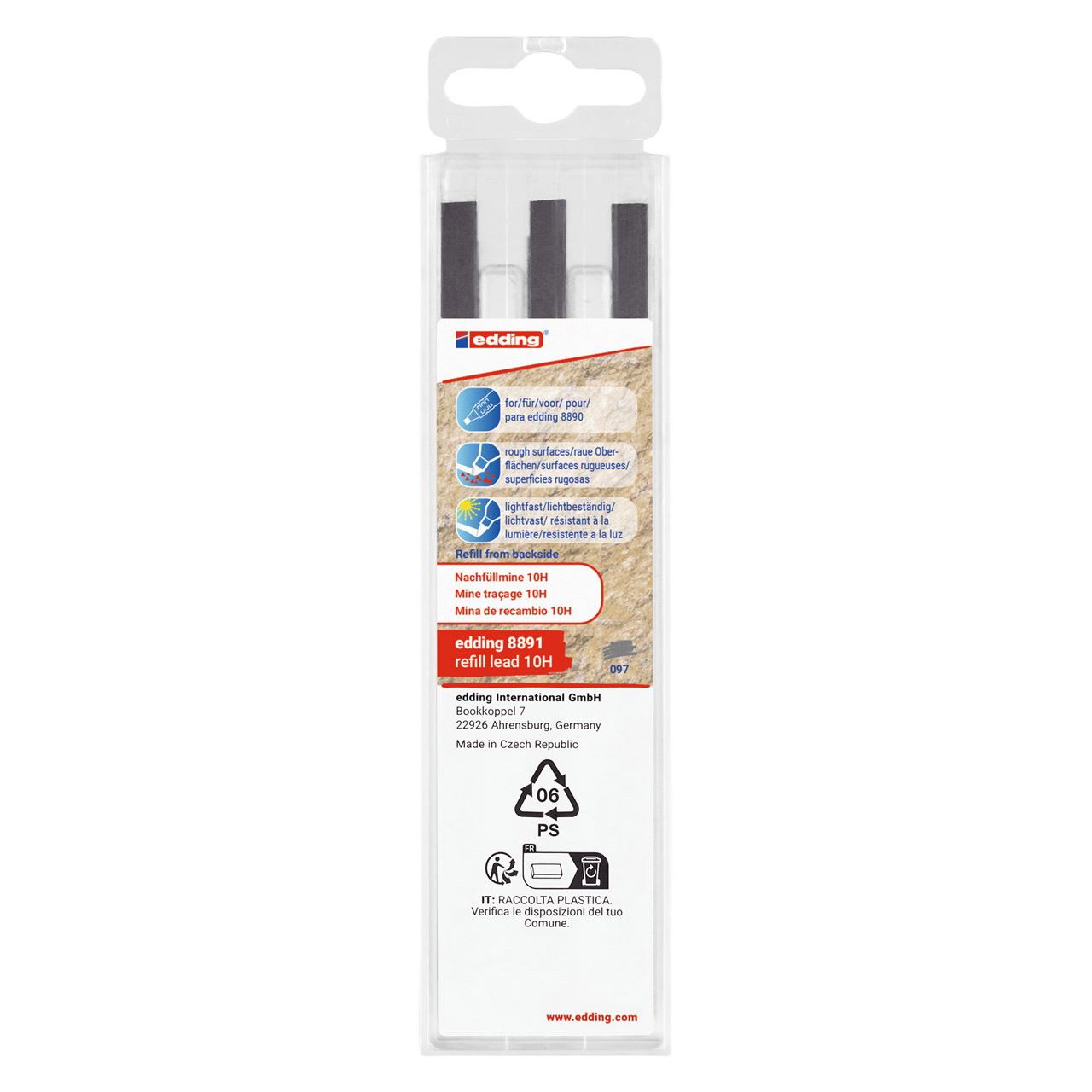 edding 8891 Bleistiftminen für Zimmermannsbleistift mit Druckmechanismus grau 10H 2,0 - 5,0 mm, 6 St.