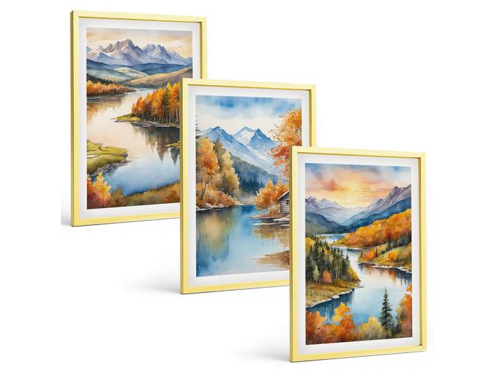 Tulup Bilder SET 3er Set - 40x60 cm Goldrahmen - Herbstliche Berglandschaften, Goldfarben, Kunststoff, Rechteckig, 40x60 cm, gerahmt, Bilder & Rahmen, Bilder