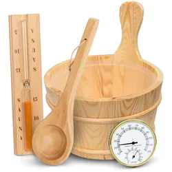 DELUKE® Sauna Eimer mit Kelle [4-tlg.] - Saunakübel, Sanduhr & Thermometer | Sauna Zubehör Wellness Aufguss Komplett Paket - Saunaeimer Set