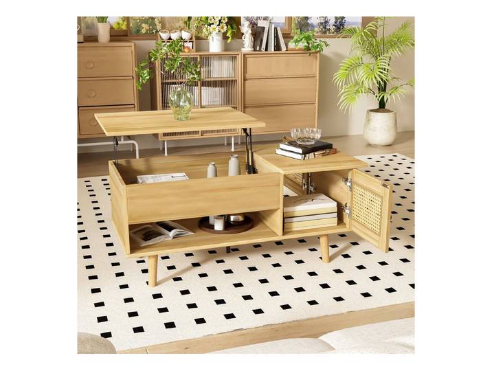 Merax Couchtisch (1-St), Wohnzimmertisch mit Hebefunktion & Rattantüren, Holzoptik/Schwarz