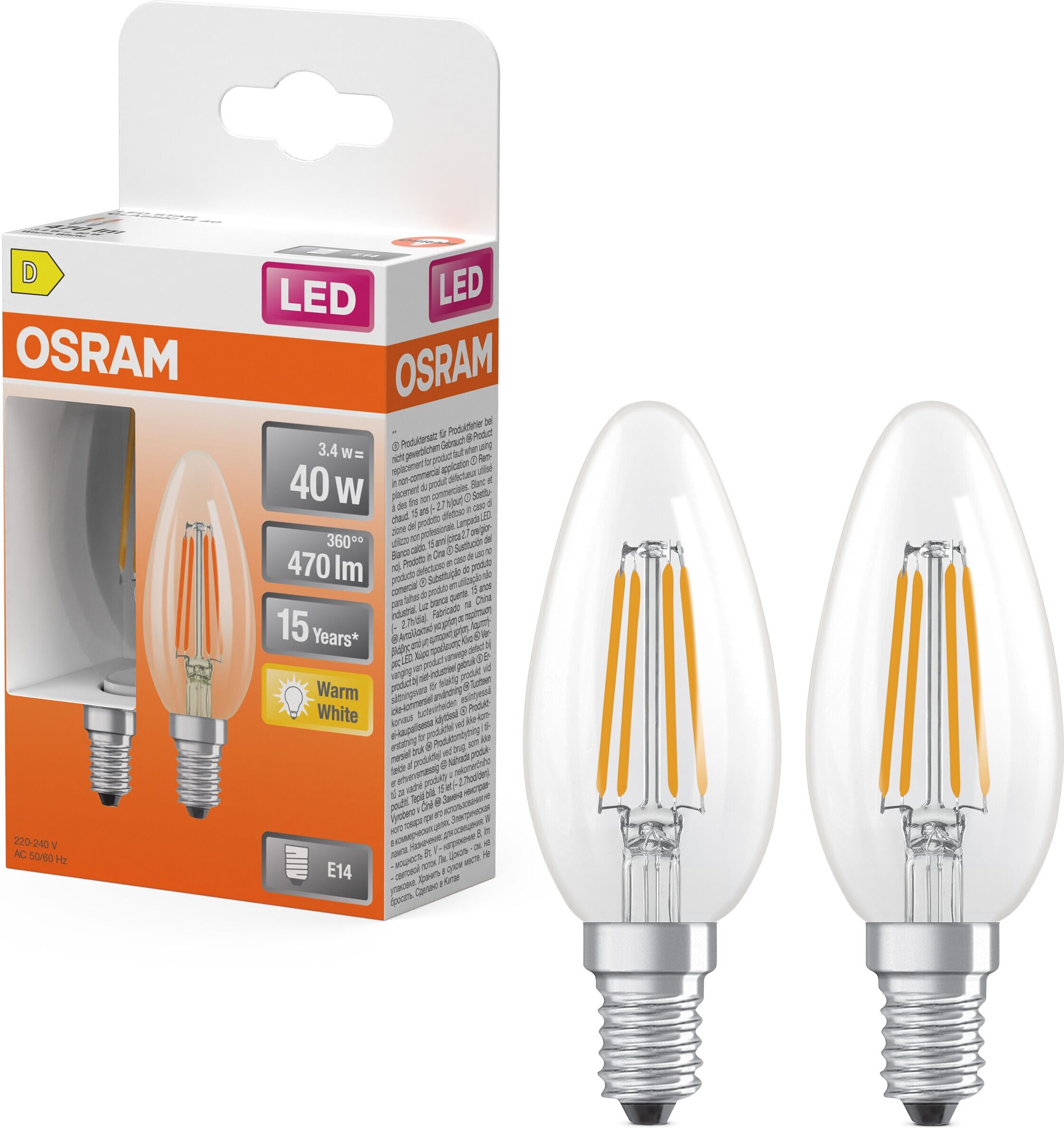 OSRAM LED-Leuchtmittel "LED-Lampe Star Kerzenform B40", Energieeffizienz: D (A-G), transparent (klar), L:10cm Ø:3,5cm, Leuchtmittel