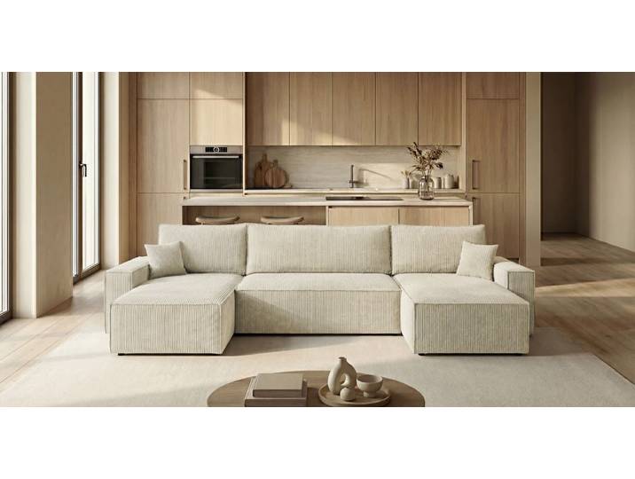Designer Sofa Lunaro U Mini mit Schlaffunktion und Stauraum in Cord - Grau - Cord - Luxusbetten24