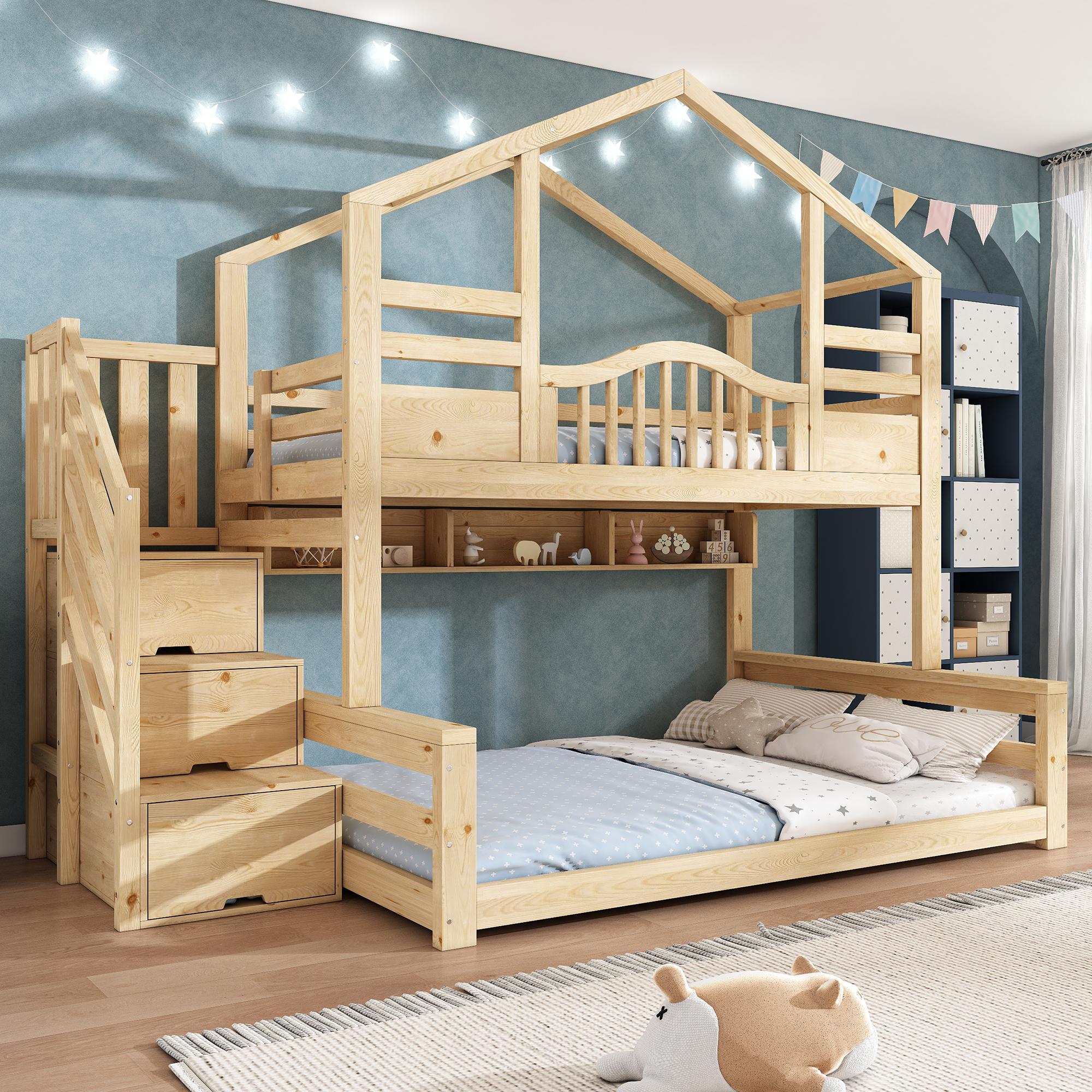 Merax Etagenbett Hausbett 90x200 & 140x200cm mit Treppenschrank, Kinderbett mit Regalen und Sicherheitsgeländer, Holzbett EN747 , Natur