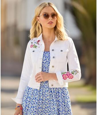 Plus Size Women's Embroidered Denim Jacket by Joe Browns in Floral Embroidery (Size 20 W)
