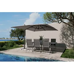 OUTFLEXX Almeria Gartenmöbel-Set Essgruppe inkl. Ampelschirm, anthrazit/silber, Alu/Textilene/Textilene, 180/240 x 100 cm, ausziehbar, klappbar, UV-beständig