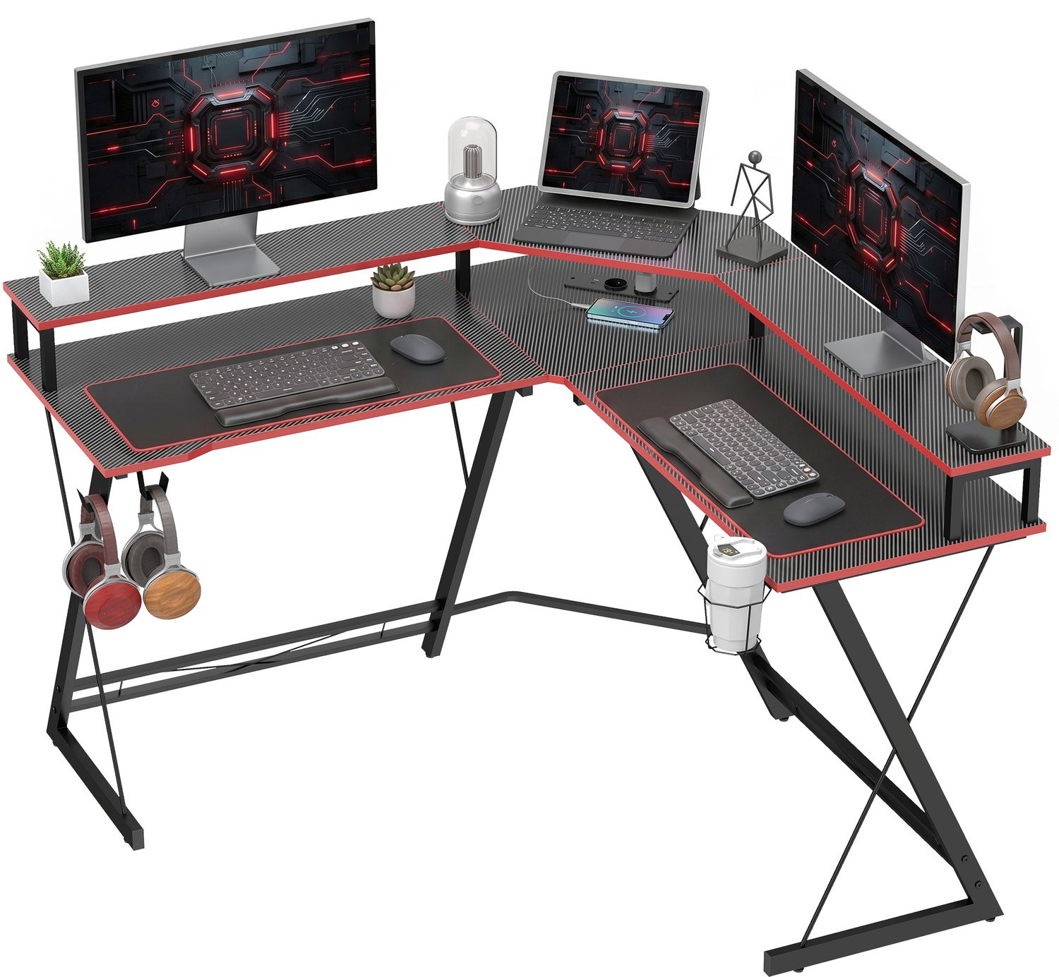 L-vormig computerbureau met stopcontacten en monitorstandaard, breedte: 128 cm