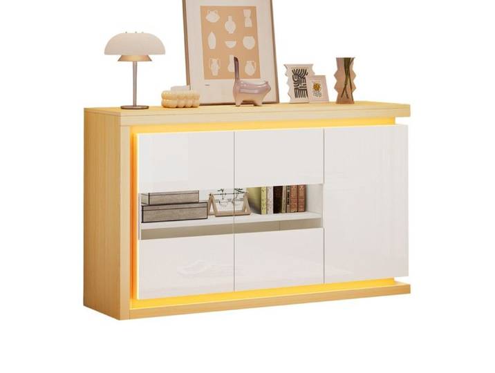 Buffet Blanc Et Bois Naturel Laqué Brillant 140x40x84cm Éclairage LED Verre Trempé 4 Compartiments Rangement Salon Entrée Et Bureau
