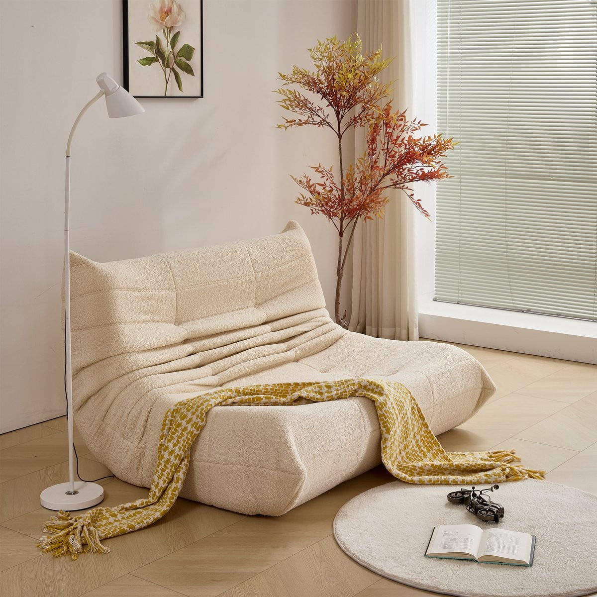 Mivray Beanbag Stoel met Voetsteun voor Volwassenen, 2 Persoons Zitzak, Teddysamt, Beige