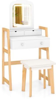 Costway Adjustable Height Vanity Desk Set with 3-Color LED Lighted Mirror and Drawers-White