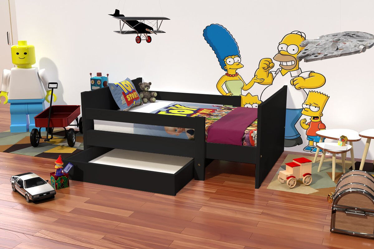 ABC MEUBLES Kinderbett 90x200 mitwachsend aus Holz mit Aufbewahrungsschublade - Schwarz