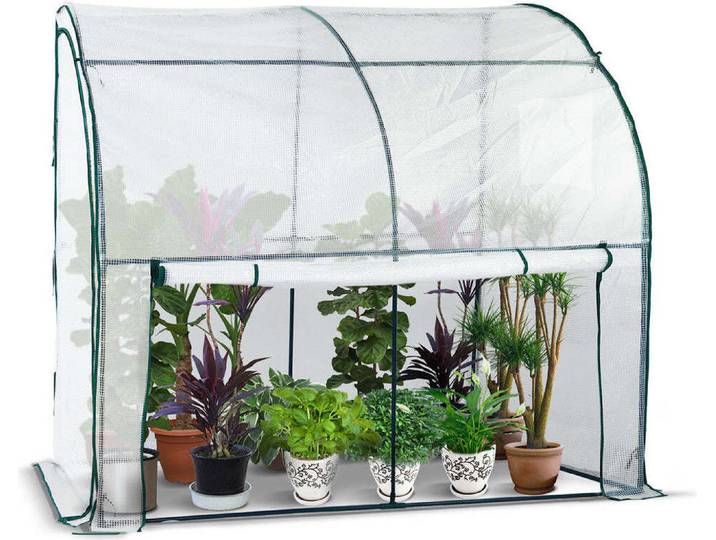 Serre en film plastique VOUNOT®\, serre adossée avec parois latérales enroulables\, serre à tomates résistante à l'hiver\, stable\, 200 x 100 x 180 cm\, blanche