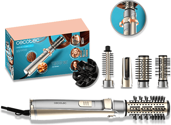 Moldeador - Cecotec CeramicCare 5en1 AirBrush Gyro, 5 cabezales, Función rotativa bidireccional, Cerámico, iónica, 1100 W, Punta fría, Gris