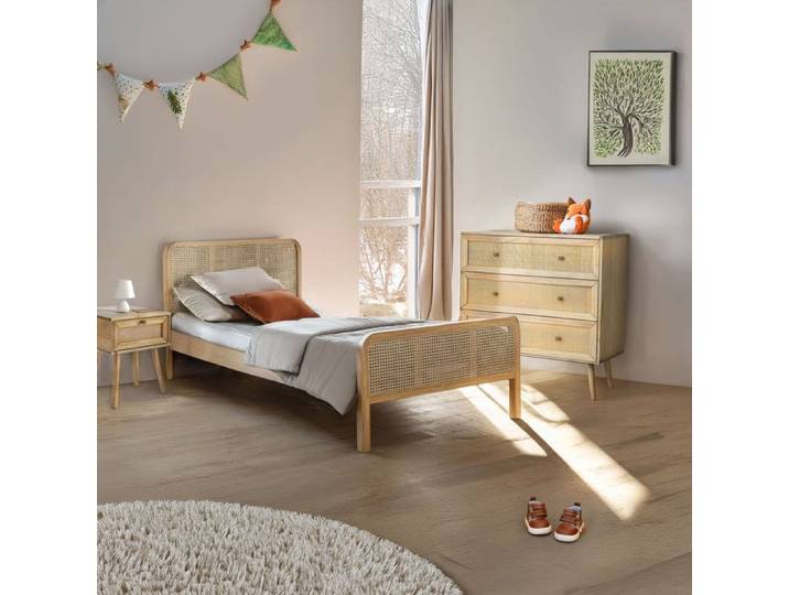 Chambre complète lit cannage enfant avec commode et chevet bois naturel ANNA 90x190 - Bois naturel - Terre de Nuit