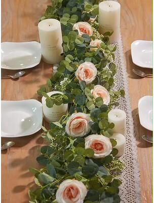 Inspired Living Evergreen Eucalyptus & Rose Garland 5.9 Ft Faux Floral Vine For Home, Wedding & Party Decor c