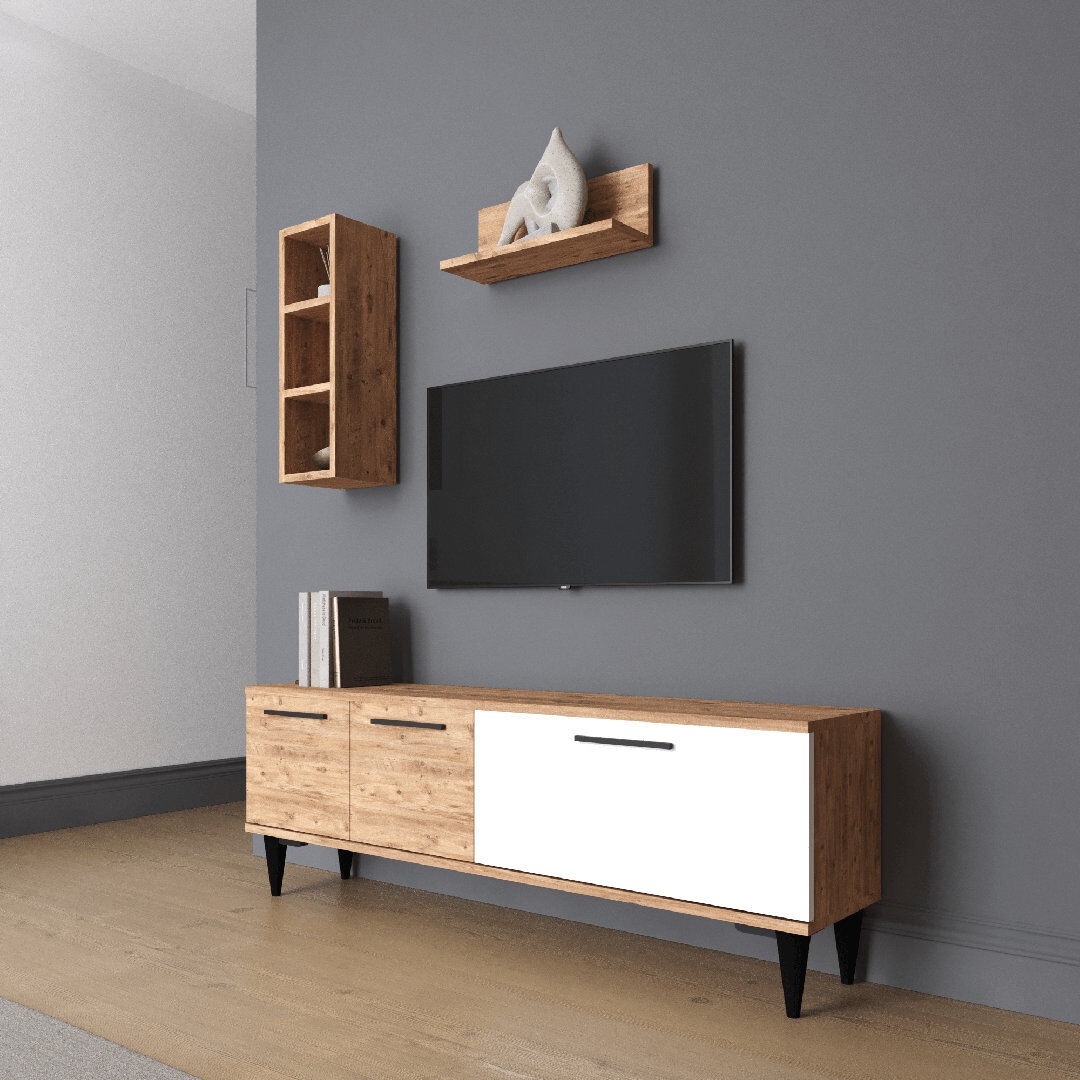 George Oliver 140 cm W TV Stand with 3 Cabinets for TVs up to 75", Manufactured Wood Atlantk Pine/Wood White 75"