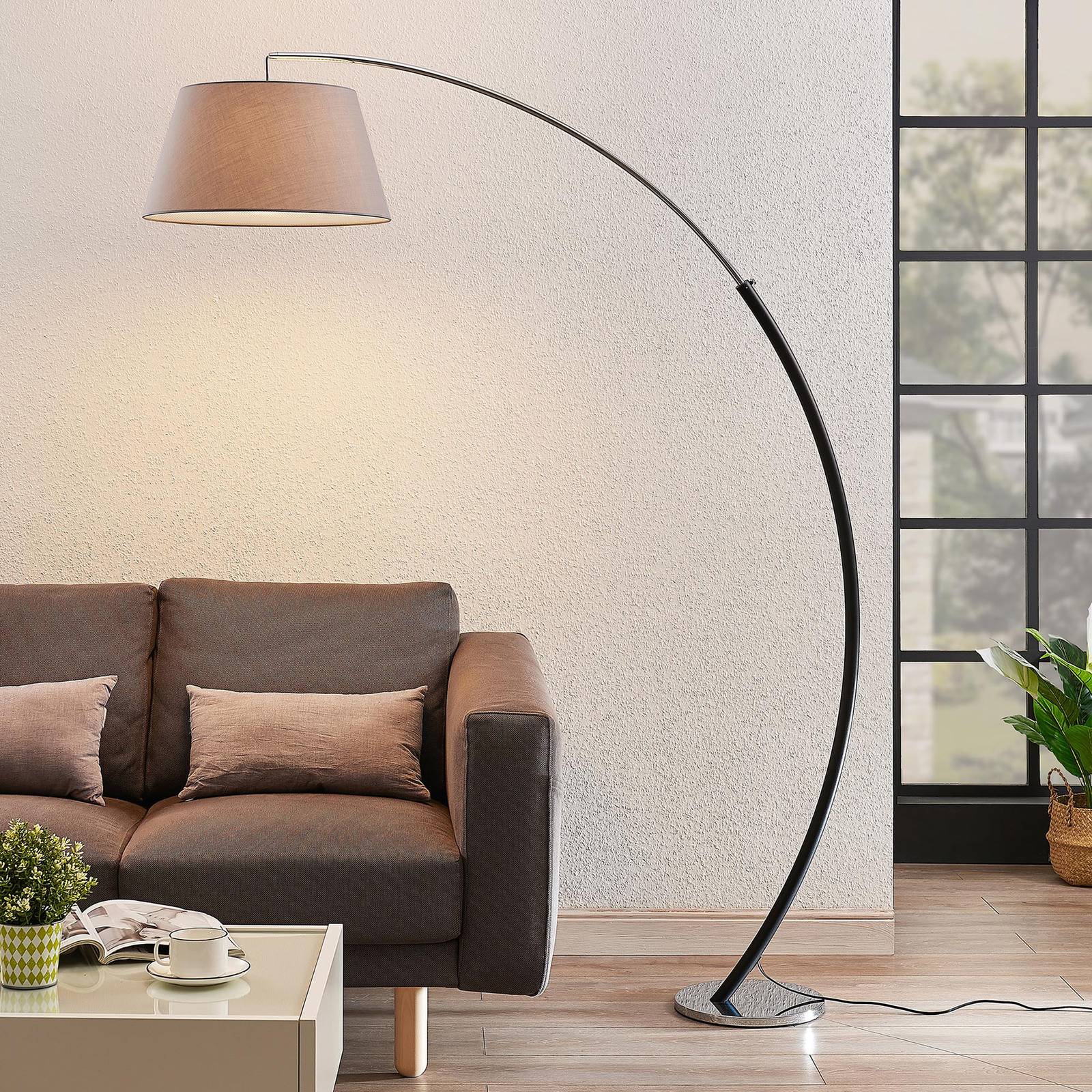 Bogenlampe Evelyna Lucande, alu / grau / zink, für Schlafzimmer, Textil / Stoff / Seide, Modern, Stehlampe