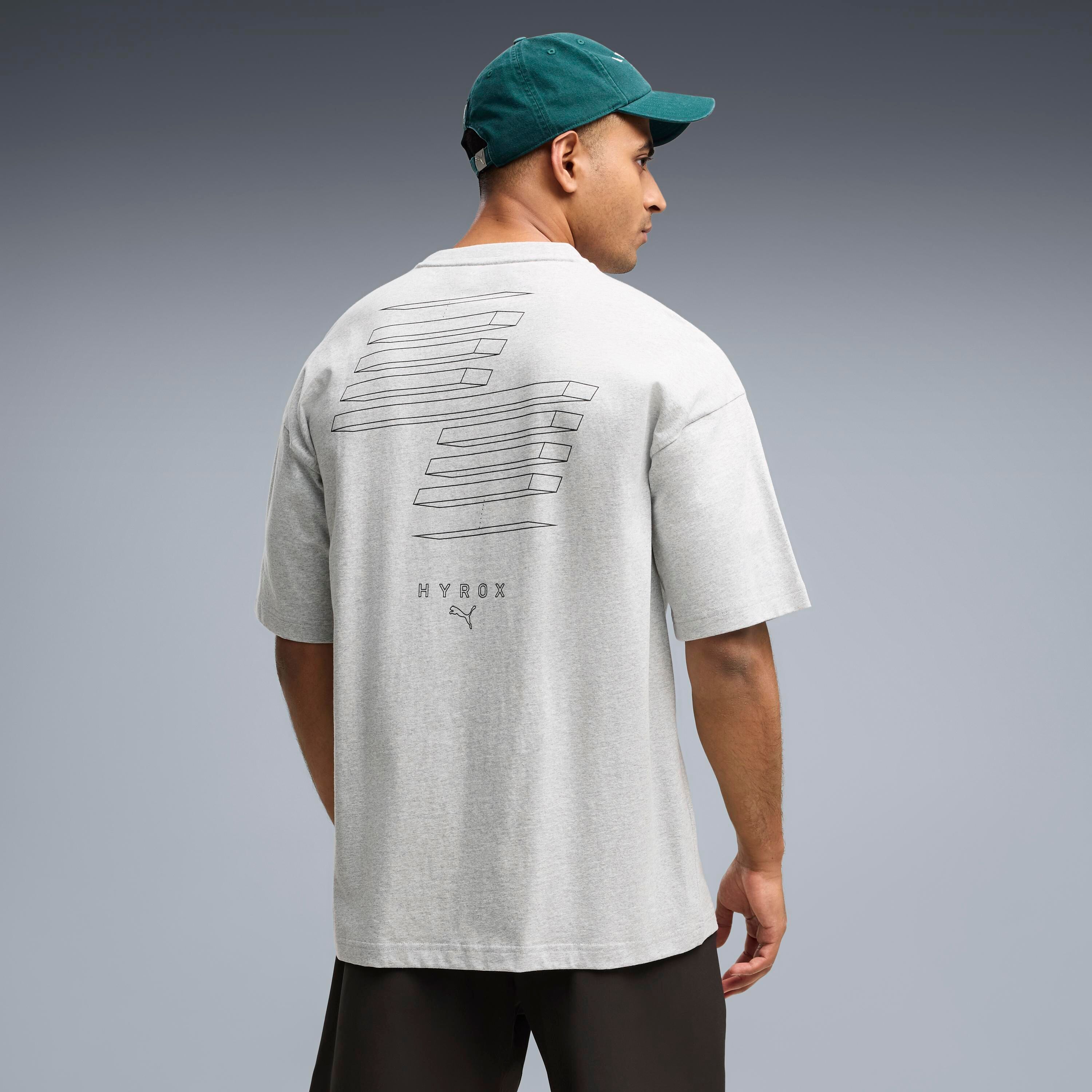 Trainingsshirt PUMA "M X HYROX LIFESTYLE TEE", Herren, Gr. S, grau (light gray heather), Jersey, Obermaterial: 100% Baumwolle, regular fit normal, Rundhals, Shirts Trainingsshirt, regular fit, Kurzarm, Rundhalsausschnitt, für Fitness-Workout light gray he