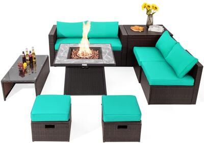 Costway 9 Pieces Patio PE Wicker Sectional Set with 50000 BTU Fire Pit Table-Turquoise