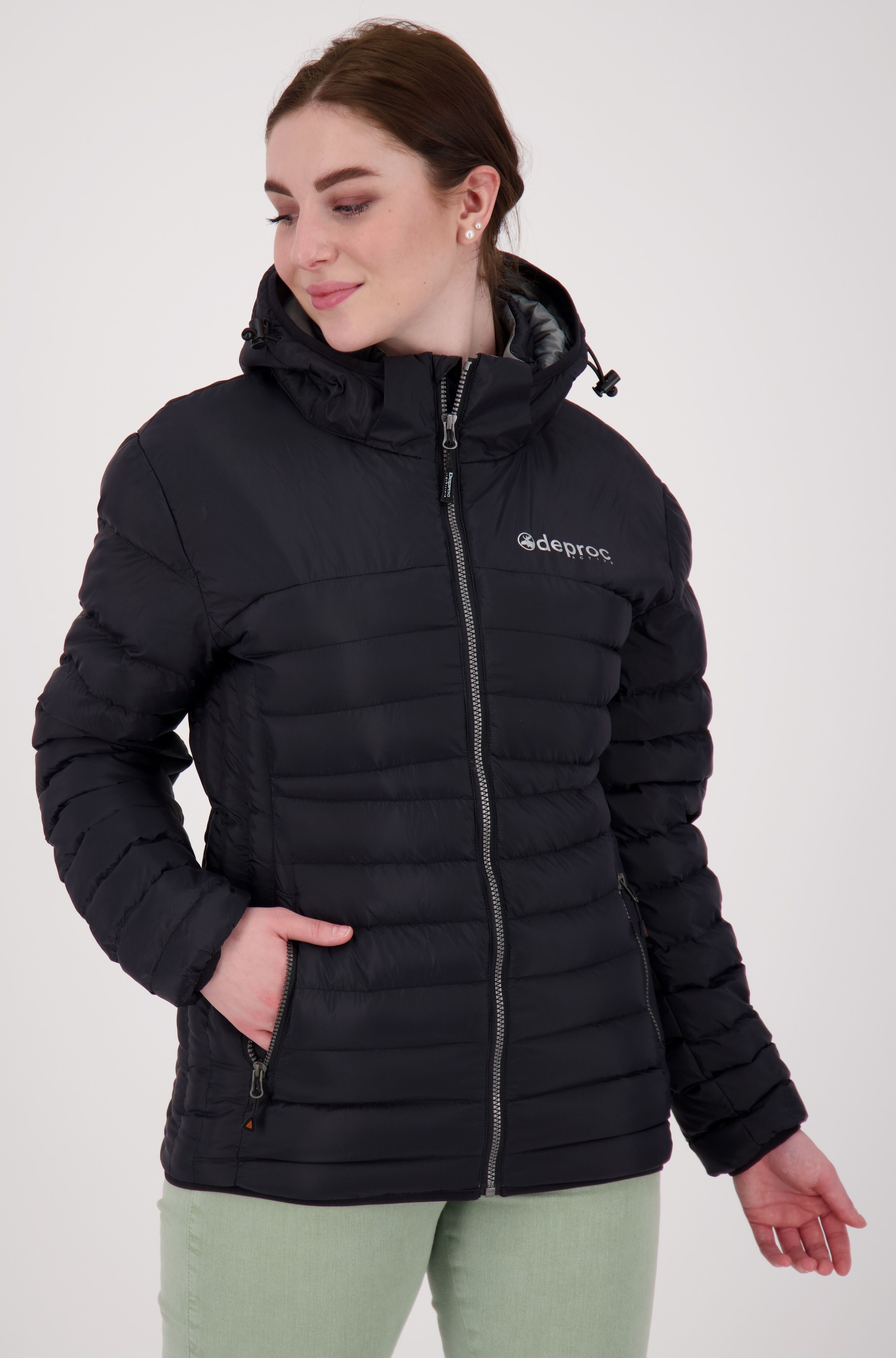 Steppjacke DEPROC ACTIVE "GILMOUR II W", Damen, Gr. 44L, grau (anthrazit), 100% Polyester, mit Gummizug, Jacken Steppjacke, auch in Grossen Grössen erhältlich anthrazit 44L