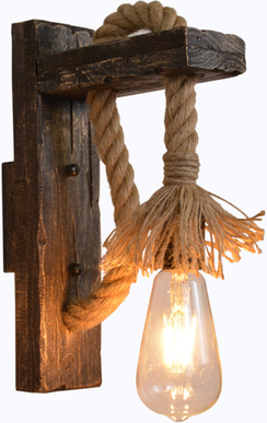 Modern Harvest Tools & Trends Vintage Wood Hemp Rope Wall Lamp Fixture, Industrial Retro Loft Bedside Hallway Light, American Decor a