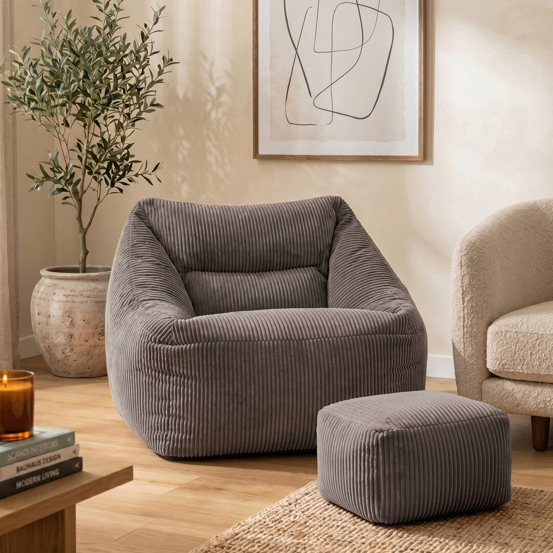 icon Natalia Large Beanbag and Pouffe Set Corduroy Navy Blue Charcoal Grey Large