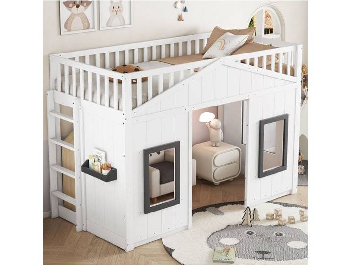 HOMVRA Lit Mezanine Enfant 90x200 cm avec Barrières de Sécurité et Sommier à Lattes Blanc