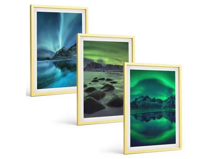 BILDER SET 3er Set - 40x60 cm Goldrahmen - Winterlandschaft der Aurora borealis