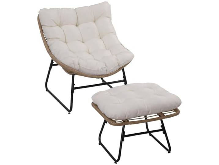 Outsunny Fauteuil Chaise de Jardin avec Coussins Moelleux Naturel Repose-Pieds en Métal Époxy\, Résine Tressée Aspect Rotin