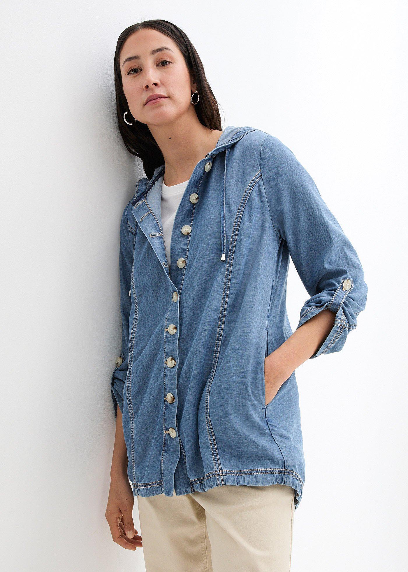 bonprix Hemd-Jacke mit kühlendem Leinen, blau, Gr.46, Gemütliche Hemd-Jacke mit Kapuze und Knöpfen, 56% Lyocell (verifiziert)