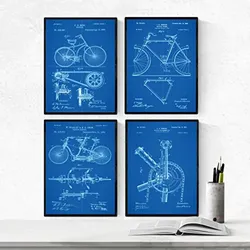 POSTER Set mit 4 Blau Fahrrad Patent Jahrgang Stil A4 Schwarzer Rahmen
