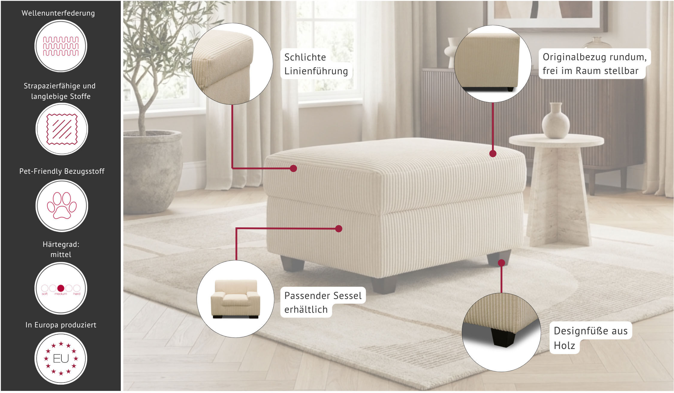Hocker GOODPRODUCT "Faxe", terra, B:67cm H:42cm T:52cm, 90% Polyester, 10% Nylon, Hocker, Hocker, Polsterhocker passend zum Sofa, Breite 67 cm, individuell kombinieren terra B/H/T: 67cm x 42cm x 52cm, Cord