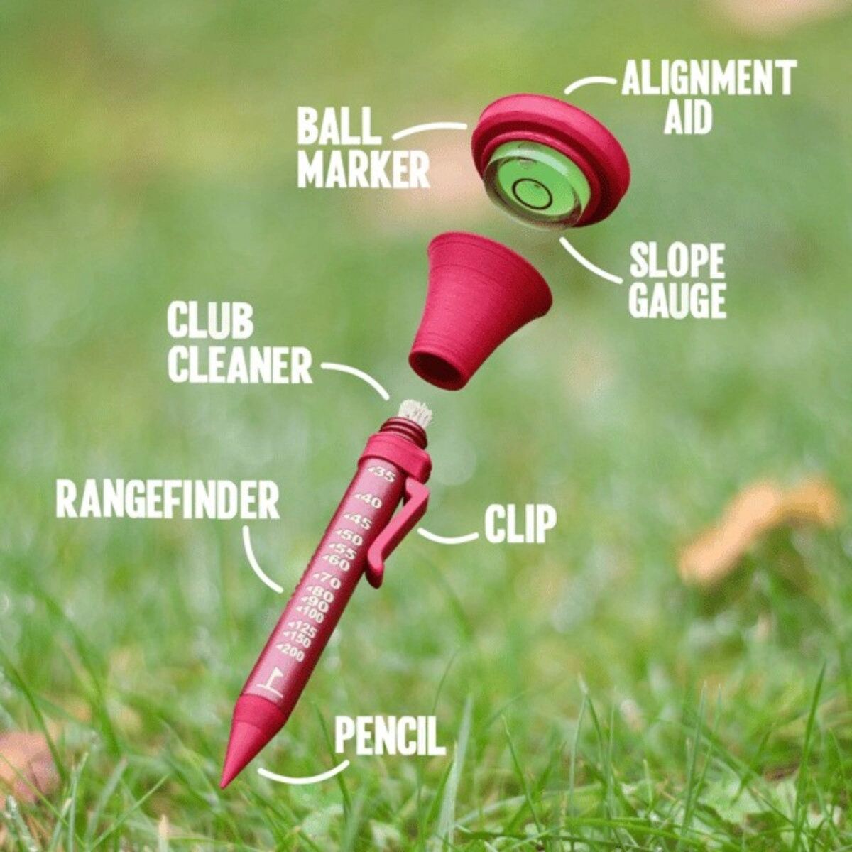 INF 6-in-1 Multi-Funktions-Golftee – Kompaktes Kunststoff-Golfzubehör mit Integrierten Werkzeugen und Tragbarem Design Rot