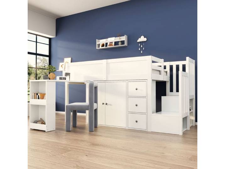 Lit mezzanine enfant - SOGEU - Lit mezzanine 90x200 - Bureau escamotable - Rangements intégrés - MDF blanc