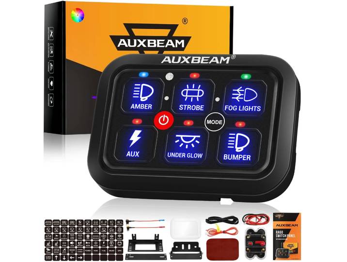 AUXBEAM RA60, panneau de commutation à 6 interrupteurs, rétroéclairage RGB, système de contrôle de puissance à relais électronique universel pour éclairage LED, pour feux de voiture