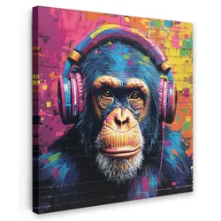 LEINWANDBILD Graffiti - Schimpanse - Straßenkunst - Kopfhörer - Affe Deko Wohnzimmer 20x20 cm