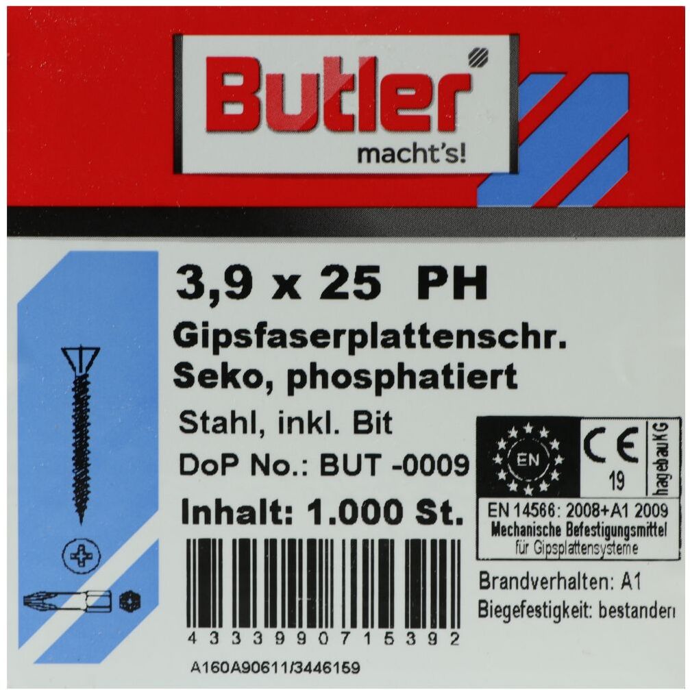 REYHER Butler macht's! Schnellbauschrauben inkl. Bit für Faserplatten auf Holz und Metall bis 0,6 mm, HiLo-Gewinde, PH2, 3,9 x 25 mm, 1.000 Stück