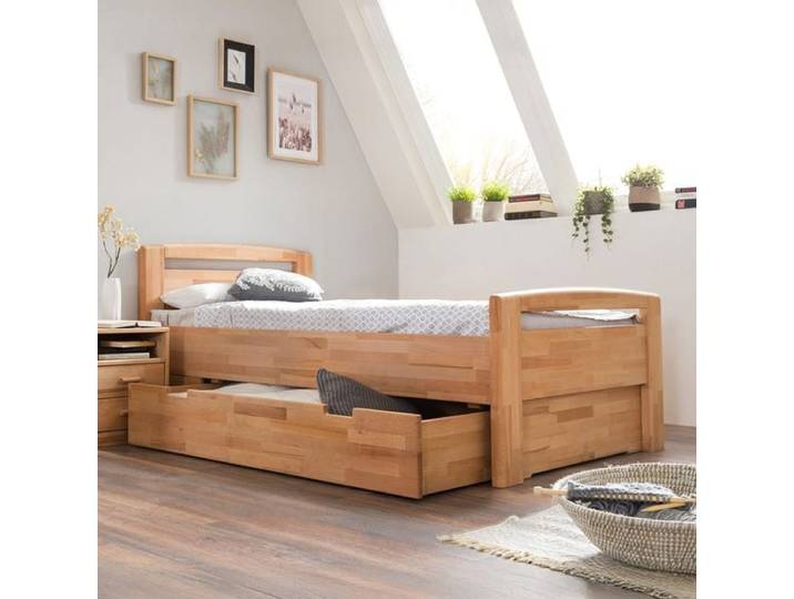 HOMELIV. Seniorenbett Luise Komfort Kernbuche Massivholz mit Schubkasten 90x200cm Mit Kopfteil