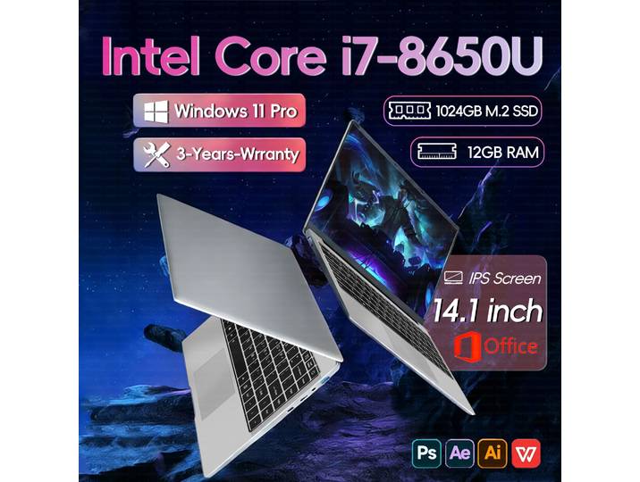 Ordinateur portable 14,1 pouces, Intel Core I7 8650U Dual Core, 12 Go de RAM, 512 Go, 1 To, 2 To SSD, Windows 11, ordinateur portable gamer, ordinateur portable