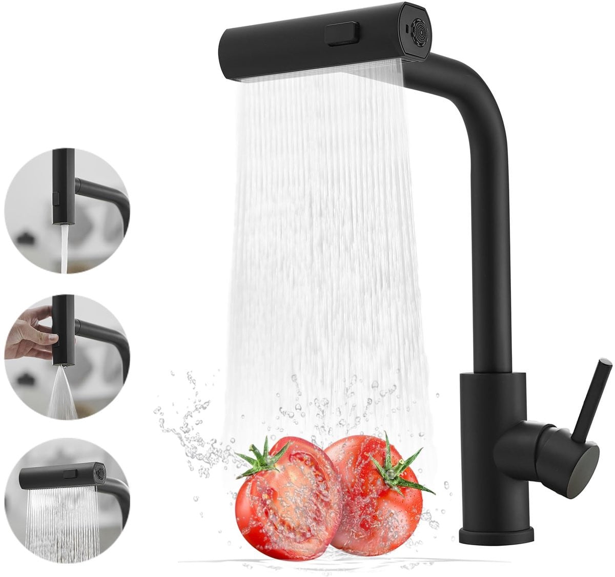 Moderne zwarte keukenkraan met uittrekbare handdouche, 360 graden draaibare spout en waterval functie